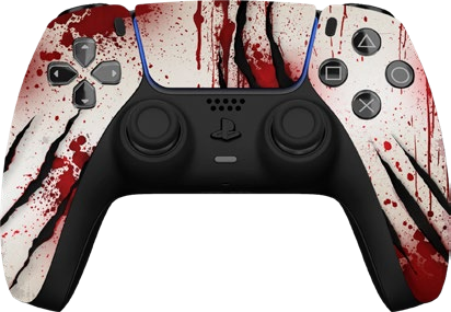 PS5 controller with a white and blood-red splatter design