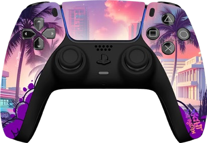 PS5 controller with a synthwave palm-tree sunset design