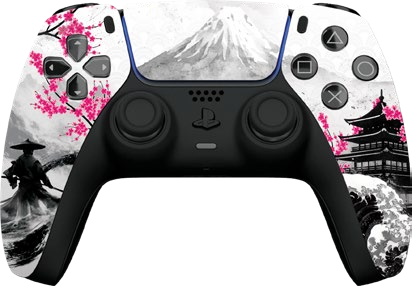 PS5 controller with a Japanese mountain and cherry-blossom design