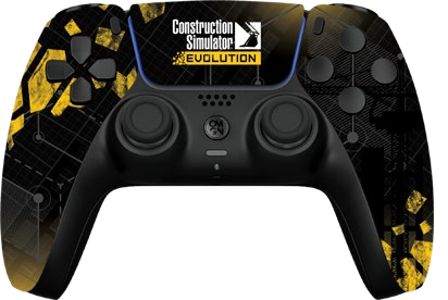 PS5 controller with a black and gold game-themed design