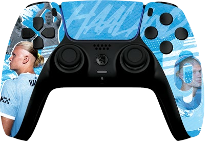 PS5 controller with a light-blue football club design