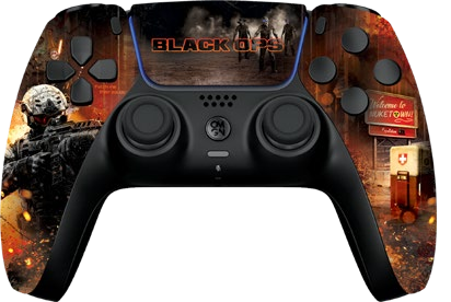 PS5 controller with a fiery battle-scene design