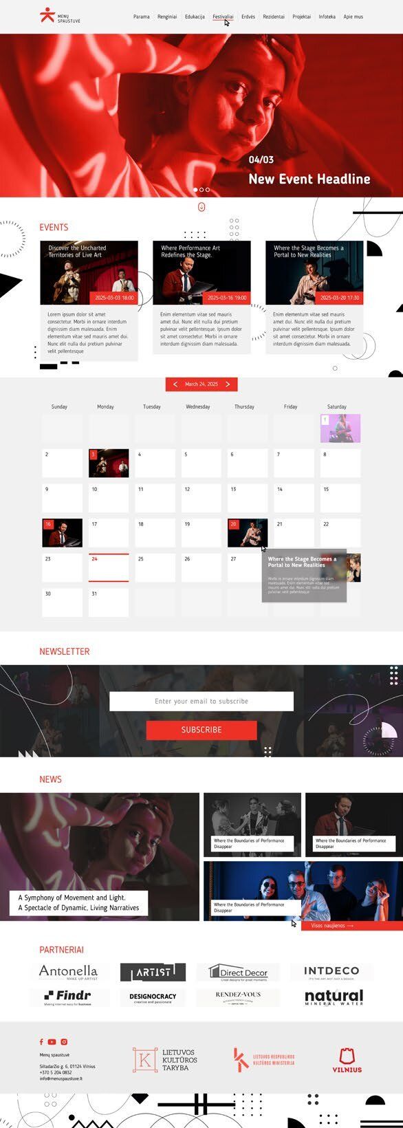 Menų Spaustuvė website homepage with a red event banner