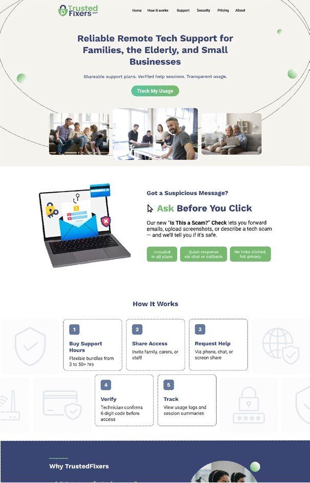 TrustedFixers landing page for remote tech support