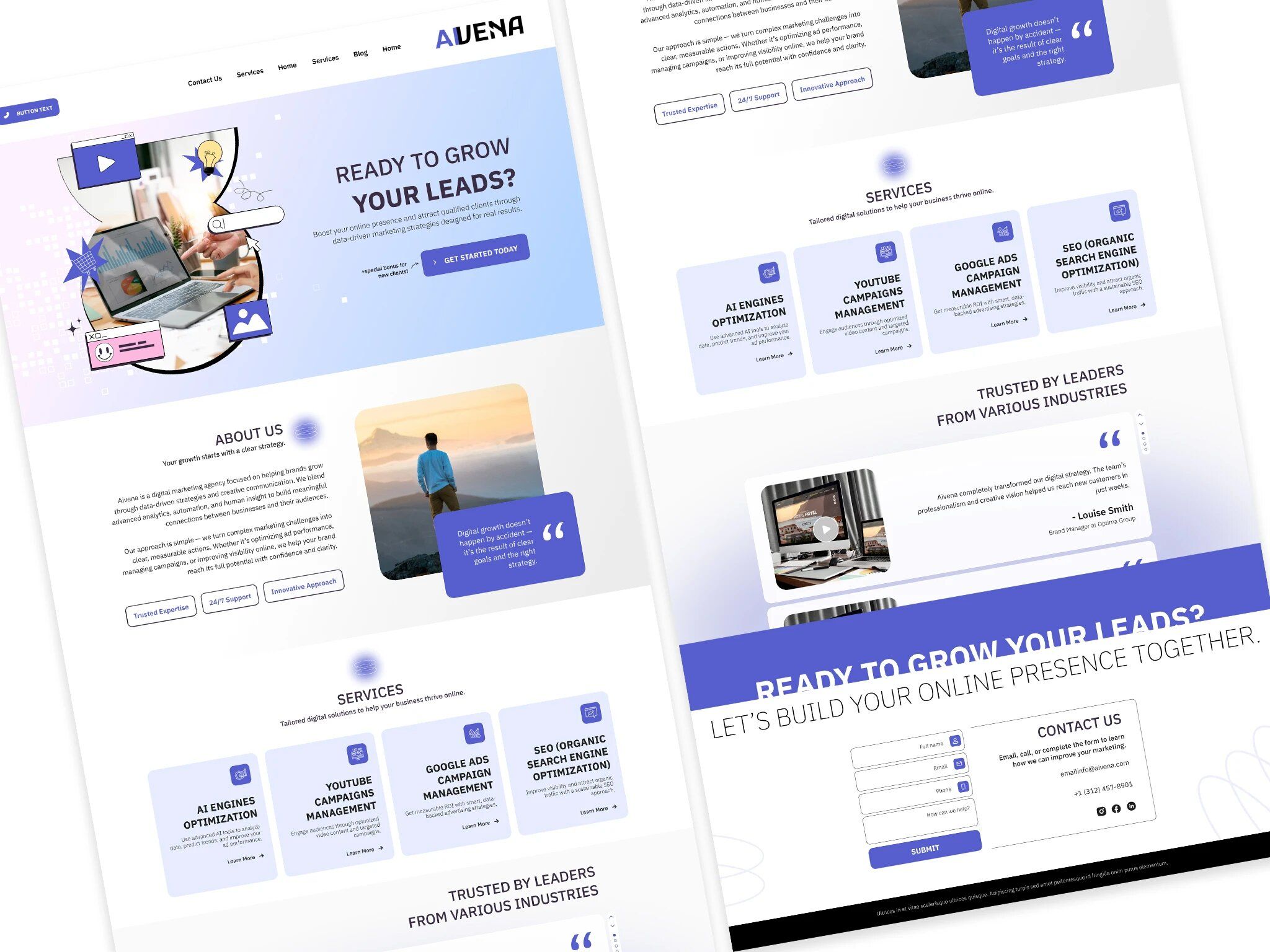 Aivena marketing agency website pages with soft purple gradients