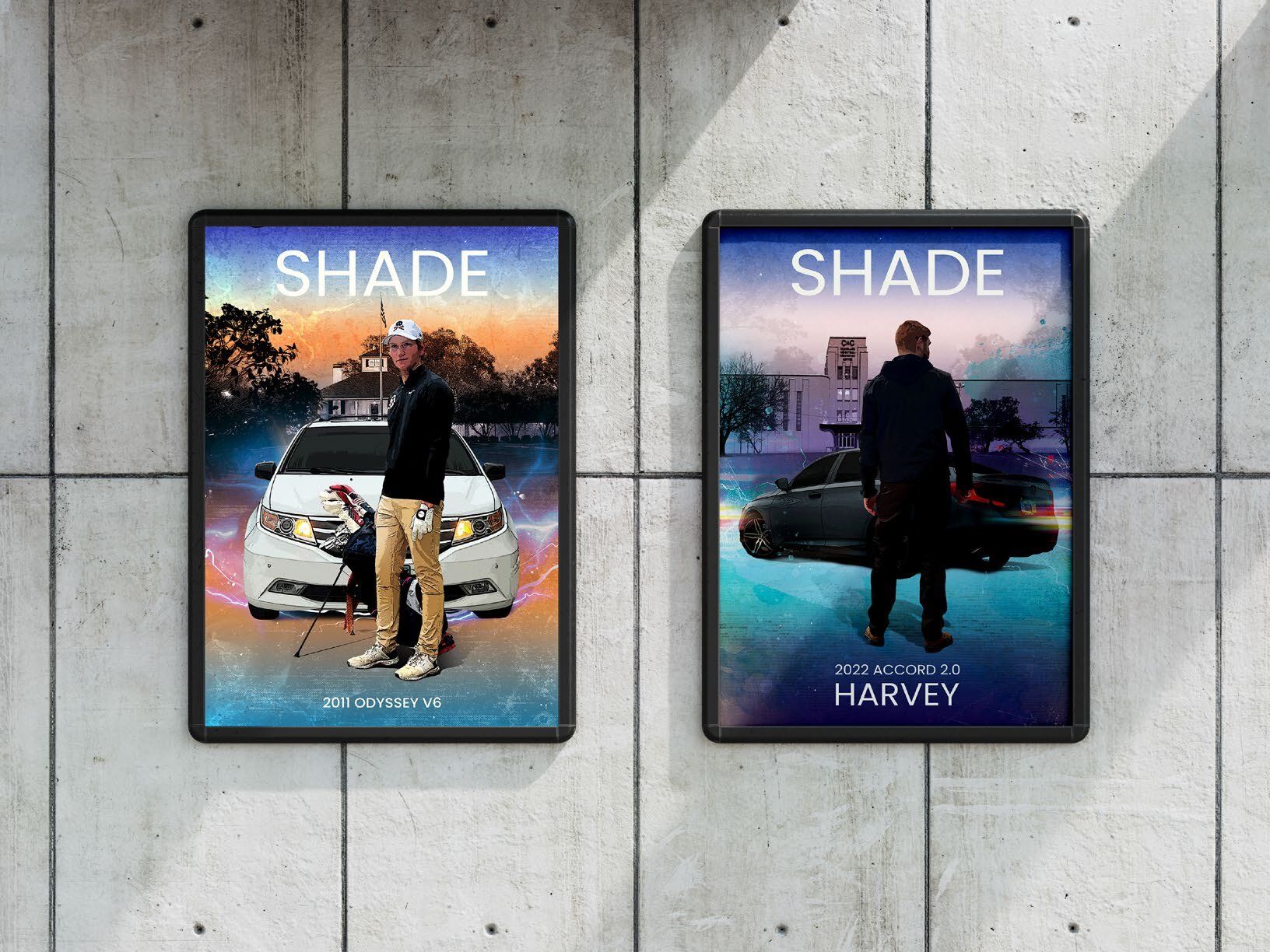 Two SHADE posters on a concrete wall